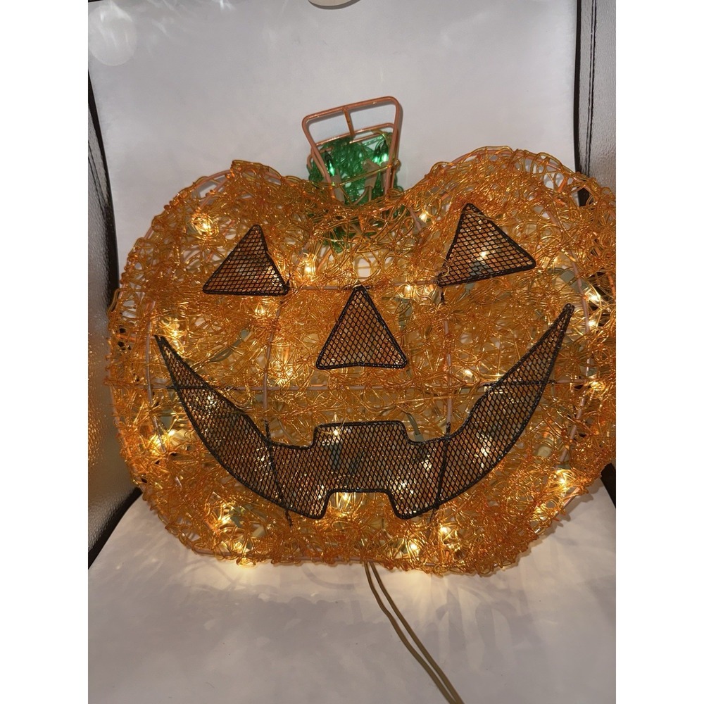Vintage 14" Halloween Spun Spaghetti Pumpkin Jack-O-Lantern Lights Tested - Picture 3 of 8